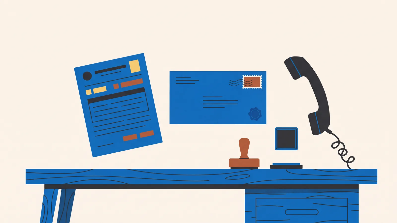 Illustration of paper forms, international post envelopes, and a desk telephone used for an employer identification application.
