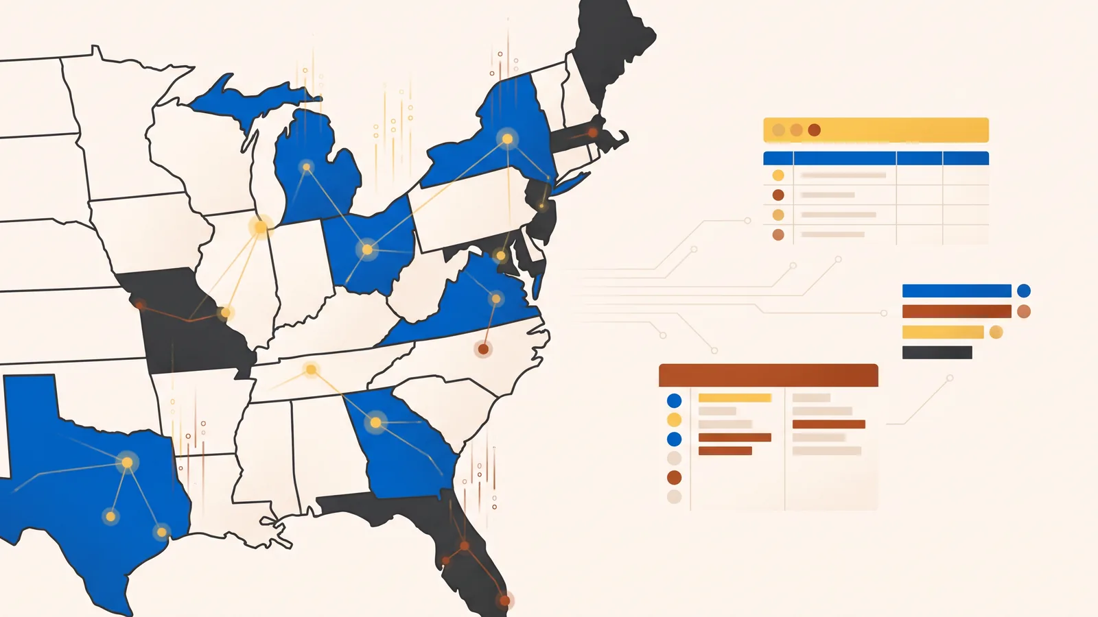 Illustration of regional boundaries and digital transaction records representing interstate sales tax and economic nexus benchmarks.