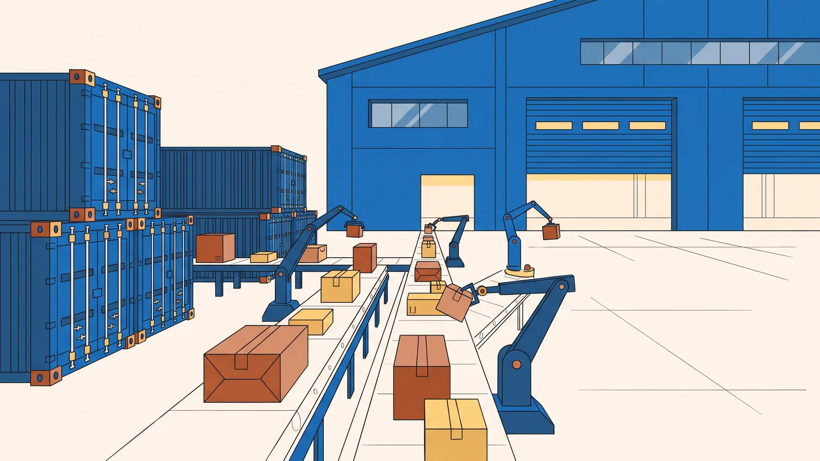 Illustration of cargo containers and postal boxes at a distribution terminal.