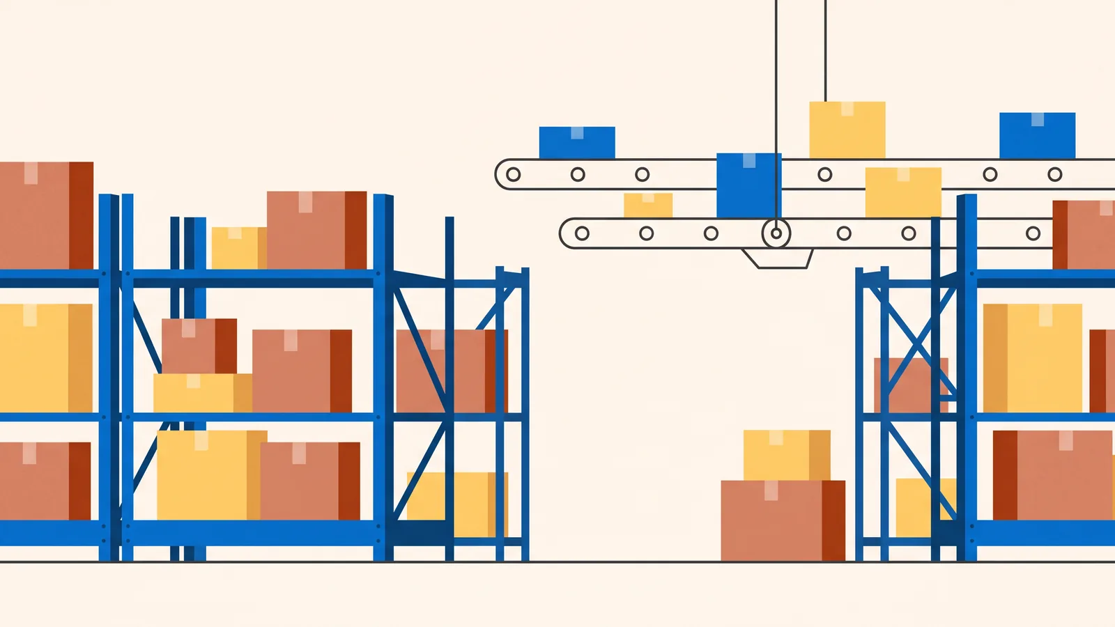 Illustration of an e-commerce fulfilment warehouse with rows of boxed goods.